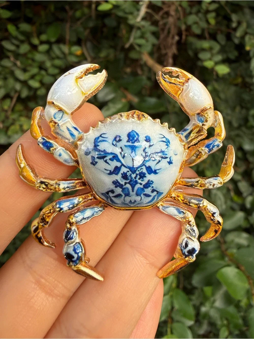 Blue & Gold Porcelain Crab Pin Brooch